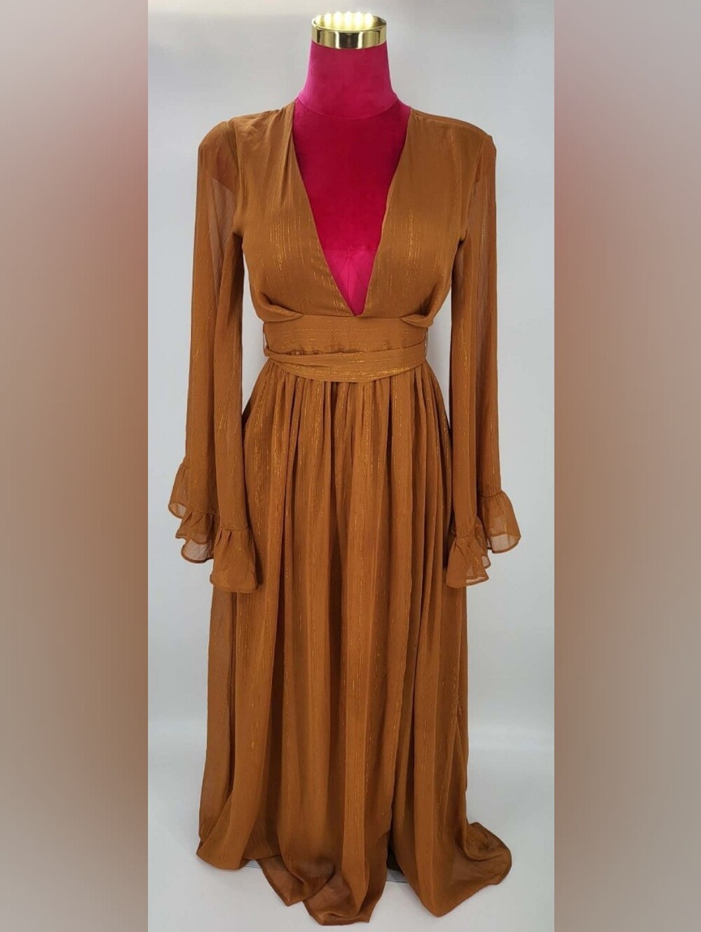 Showpo Deep V Rust Brown Maxi Dress with Waist Sash